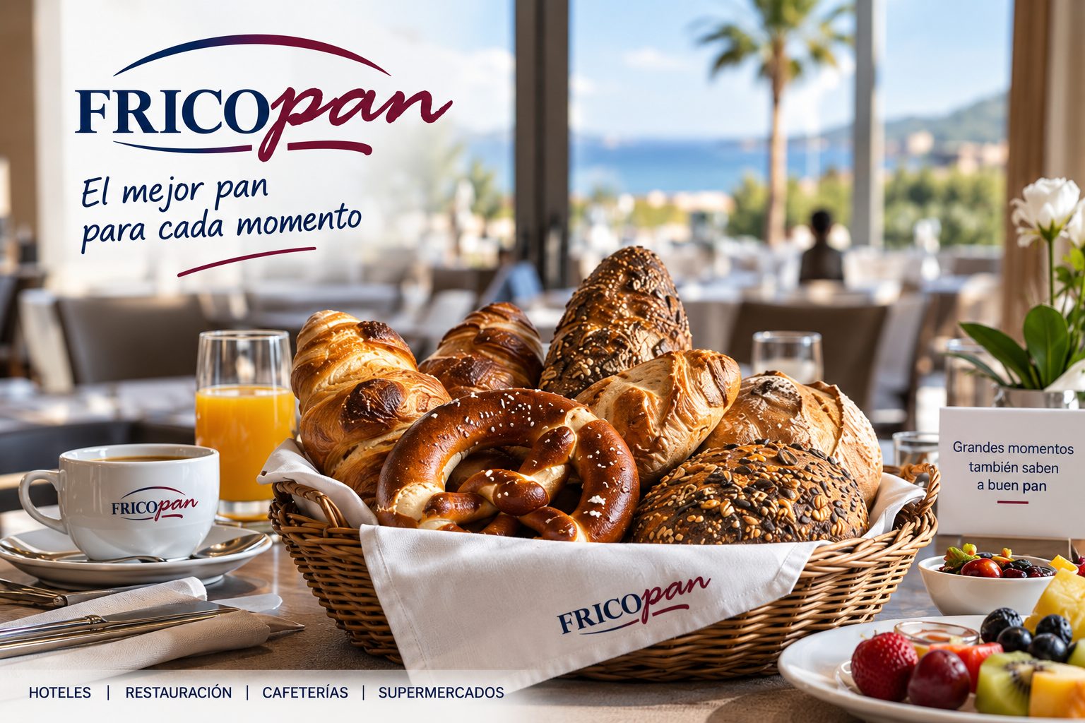 Cesta de pan, pretzel y bollería Fricopan servida en la mesa de un hotel